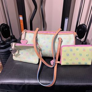 SOLD-Dooney & Bourke Pastel green rainbow monogram barrel bag with wallet